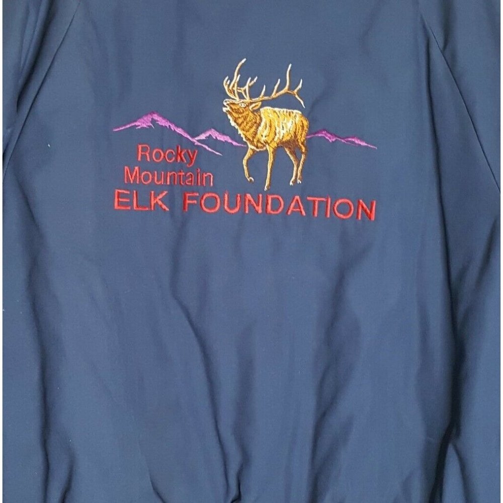 Vtg. Rocky Mountain Elk Foundation Embroidered Blue Birdie Jacket Lg Made U.S.A